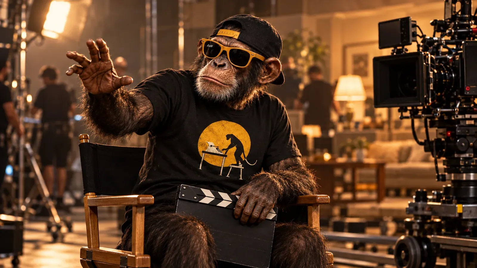 Un chimpancé con lentes ámbar dirige una filmación desde su silla de director, con una claqueta en las rodillas, junto a una cámara de cine.