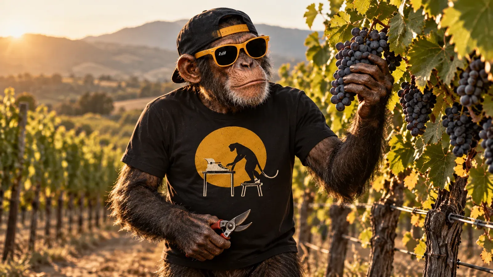 Un chimpancé con tijeras de podar revisa un racimo de uvas maduras en una viña, al atardecer.