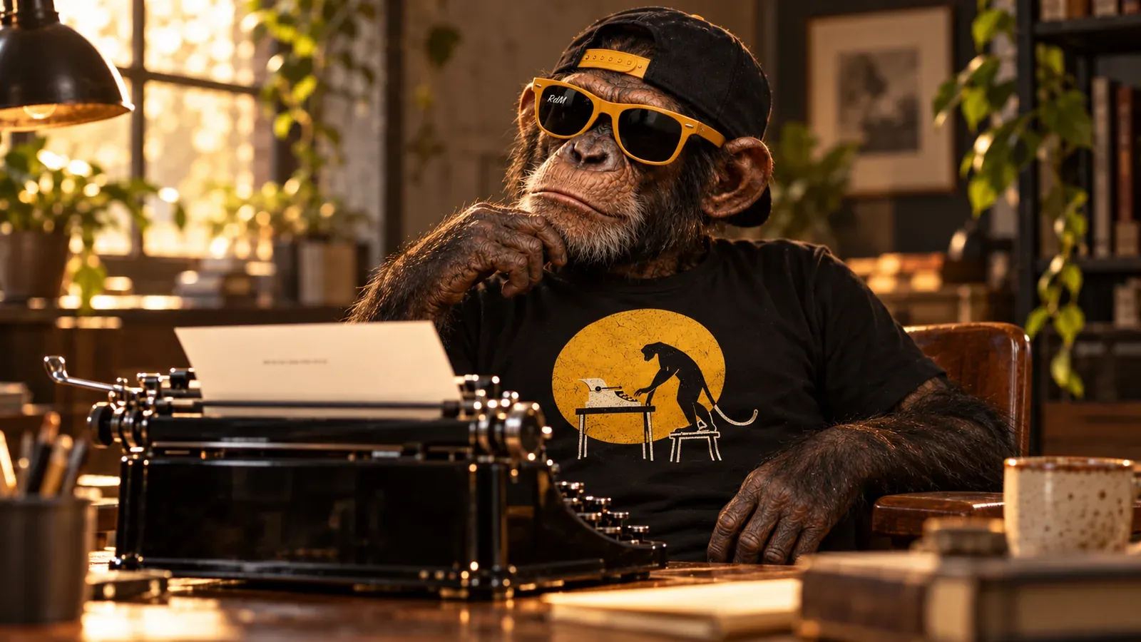 Un chimpancé con la mano en el mentón revisa la hoja recién escrita en su máquina de escribir.