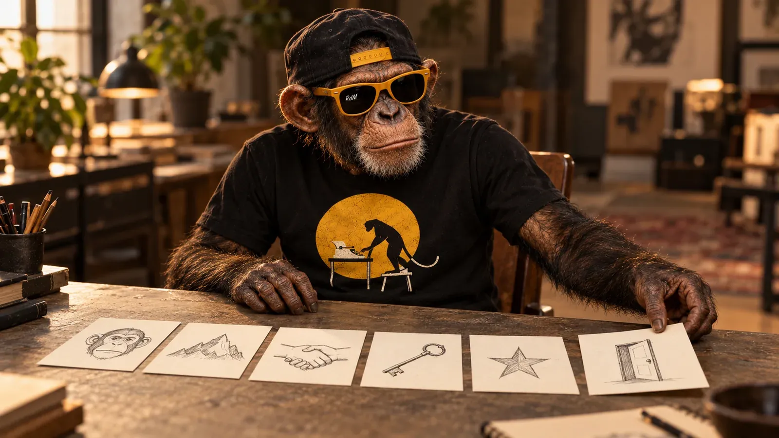 Un chimpancé ordena en fila seis tarjetas con dibujos sobre una mesa, como un guion gráfico.
