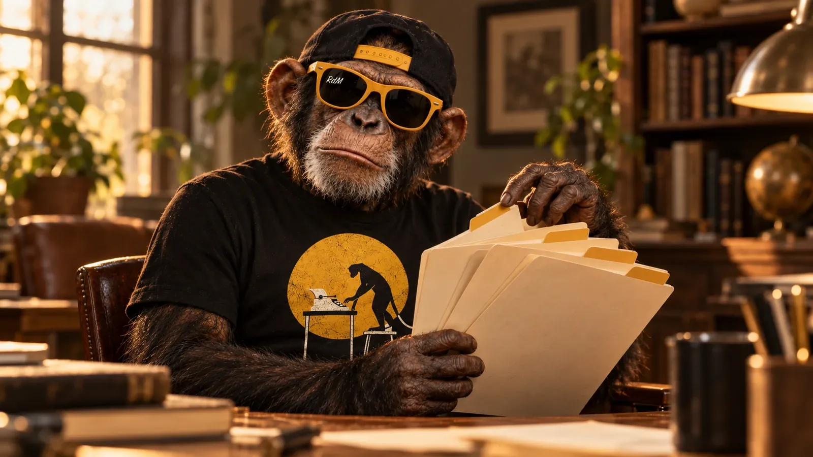 Un chimpancé con lentes ámbar sostiene cuatro carpetas abiertas en abanico.
