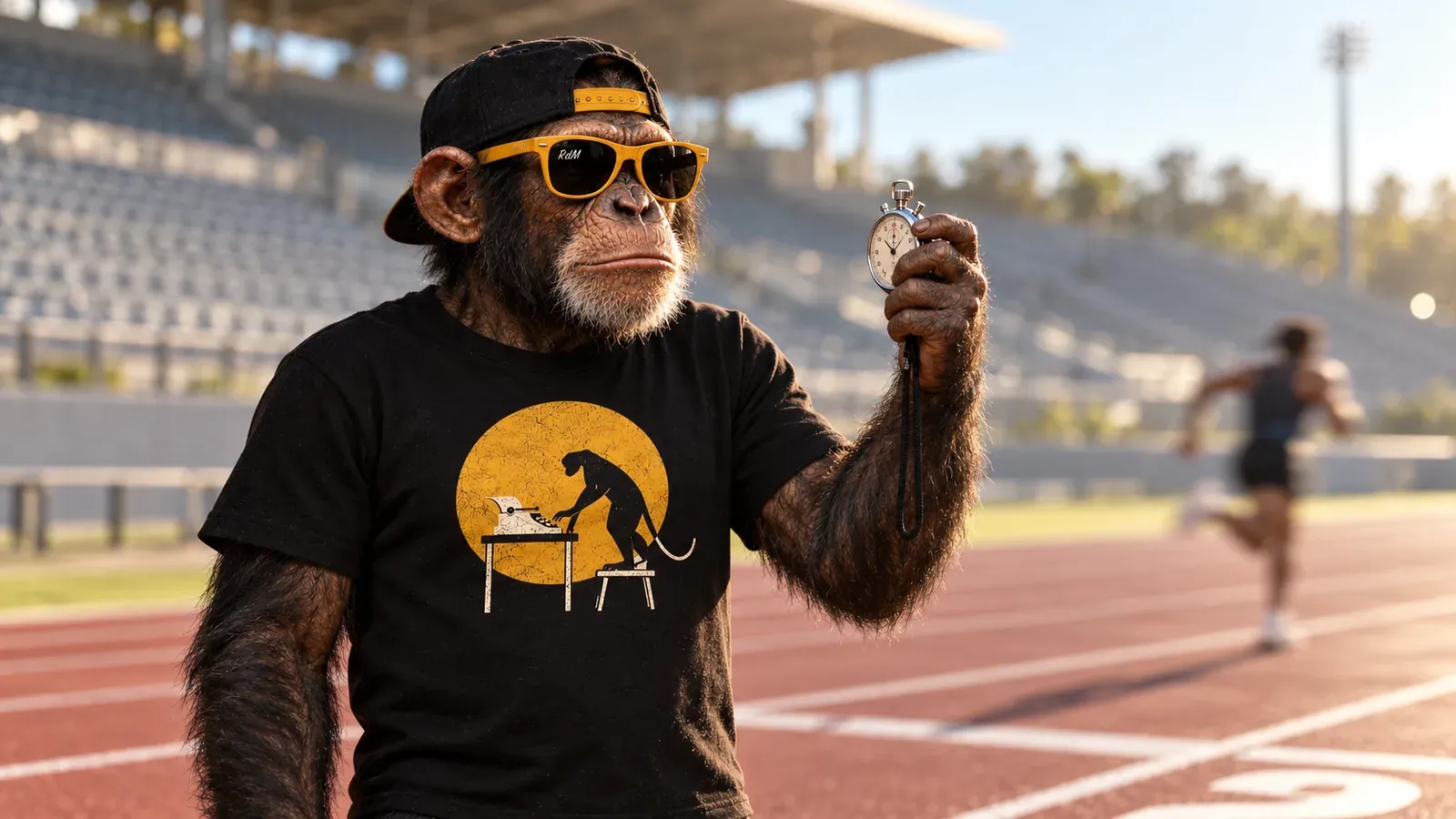 Un chimpancé con lentes ámbar toma el tiempo con un cronómetro a alguien que corre por la pista atlética.