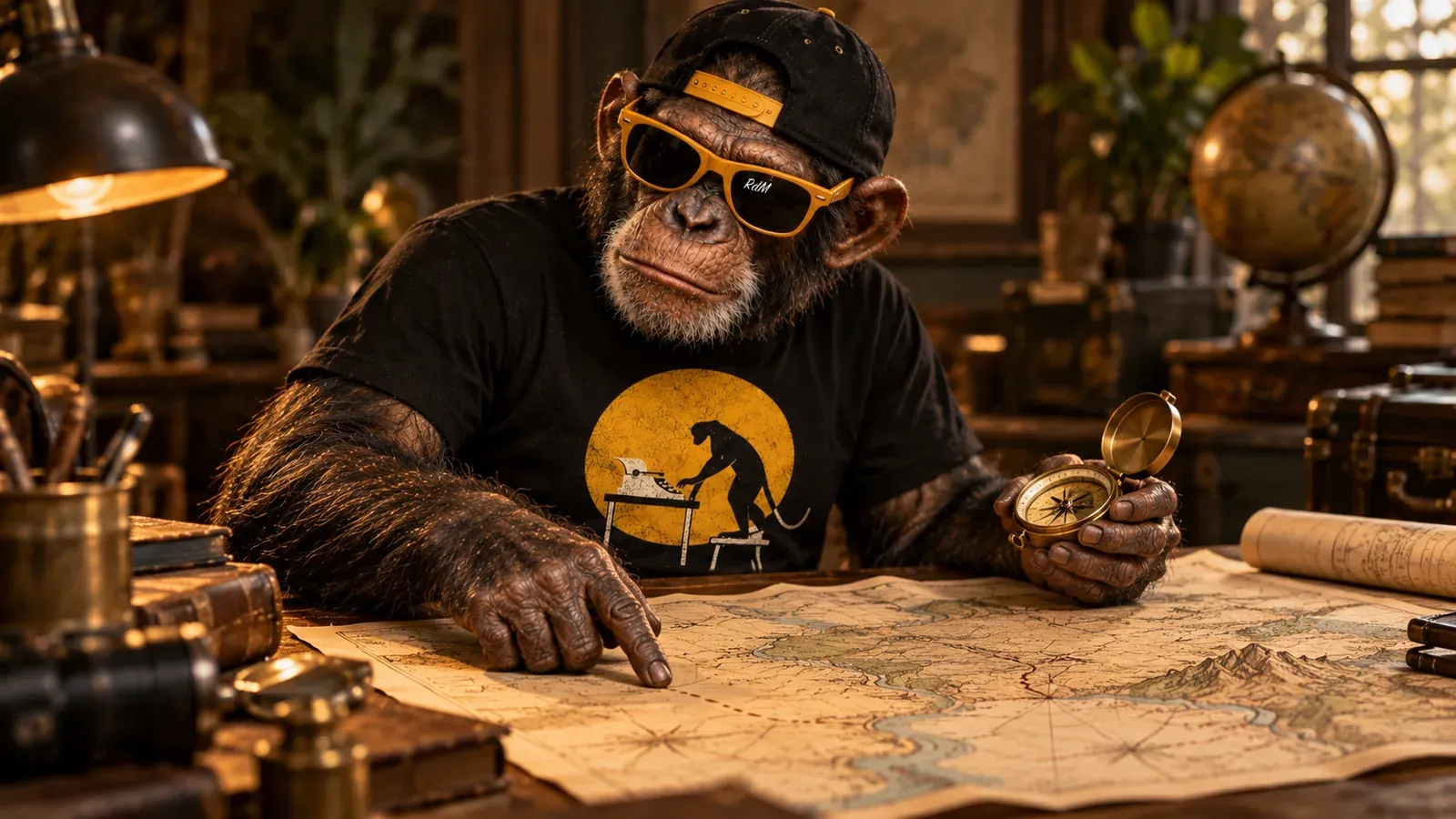 Un chimpancé con una brújula en la mano señala una ruta en un mapa antiguo extendido sobre la mesa.