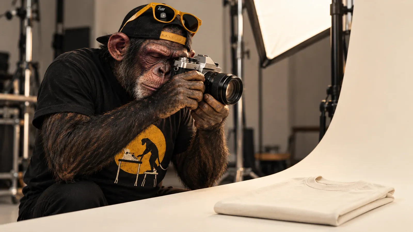 Un chimpancé con los lentes sobre la gorra fotografía una polera doblada sobre un fondo de papel crema.