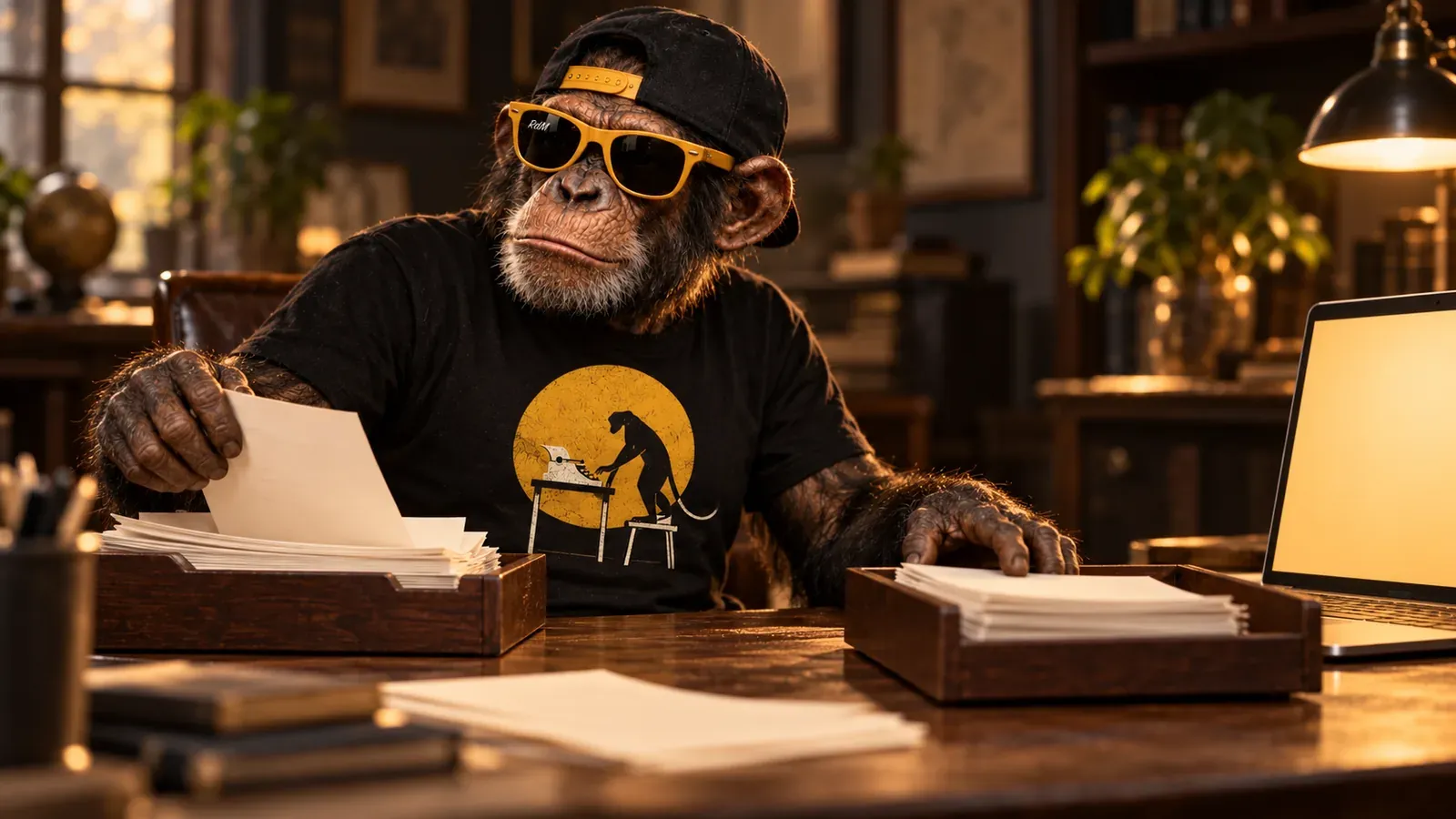 Un chimpancé reparte papeles entre dos bandejas de madera, junto a un computador portátil encendido.