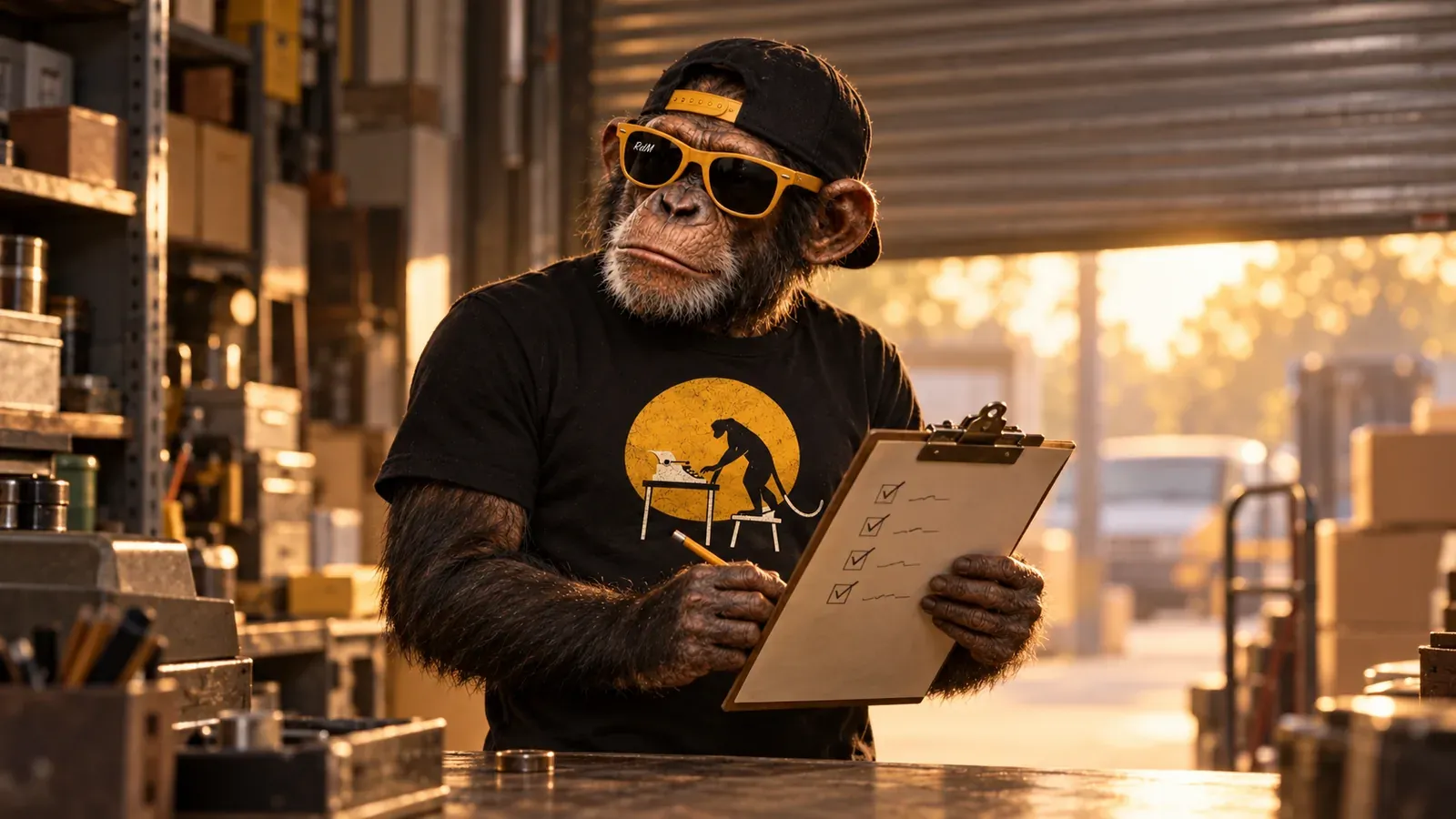 Un chimpancé marca con un lápiz una lista de control en un portapapeles, en una tienda todavía cerrada.