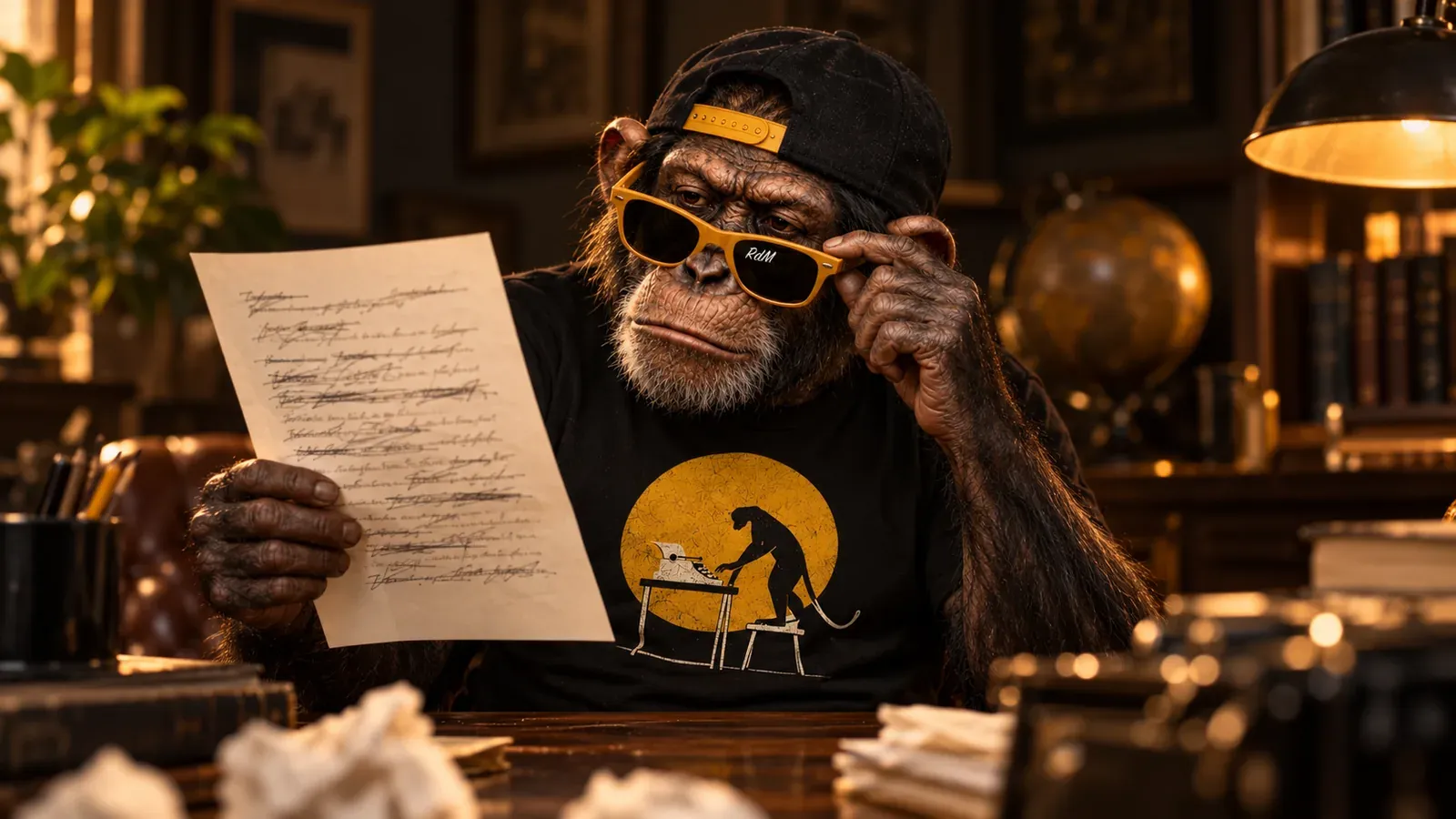 Un chimpancé se baja los lentes para mirar con desconfianza una hoja llena de líneas tachadas.