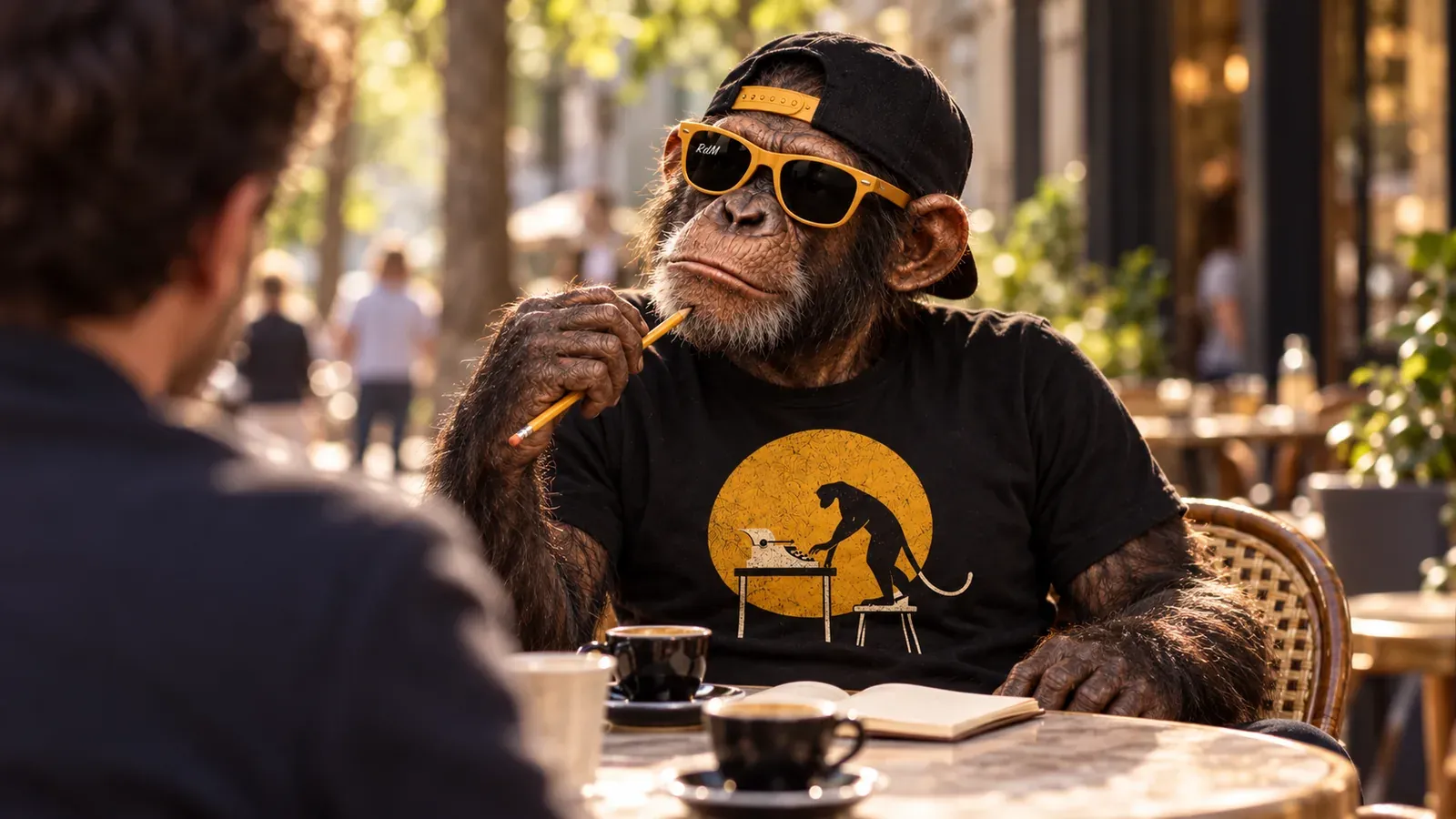 Un chimpancé con lentes ámbar escucha con desconfianza a una persona en la mesa de un café al aire libre, con un lápiz en la mano y una libreta abierta.
