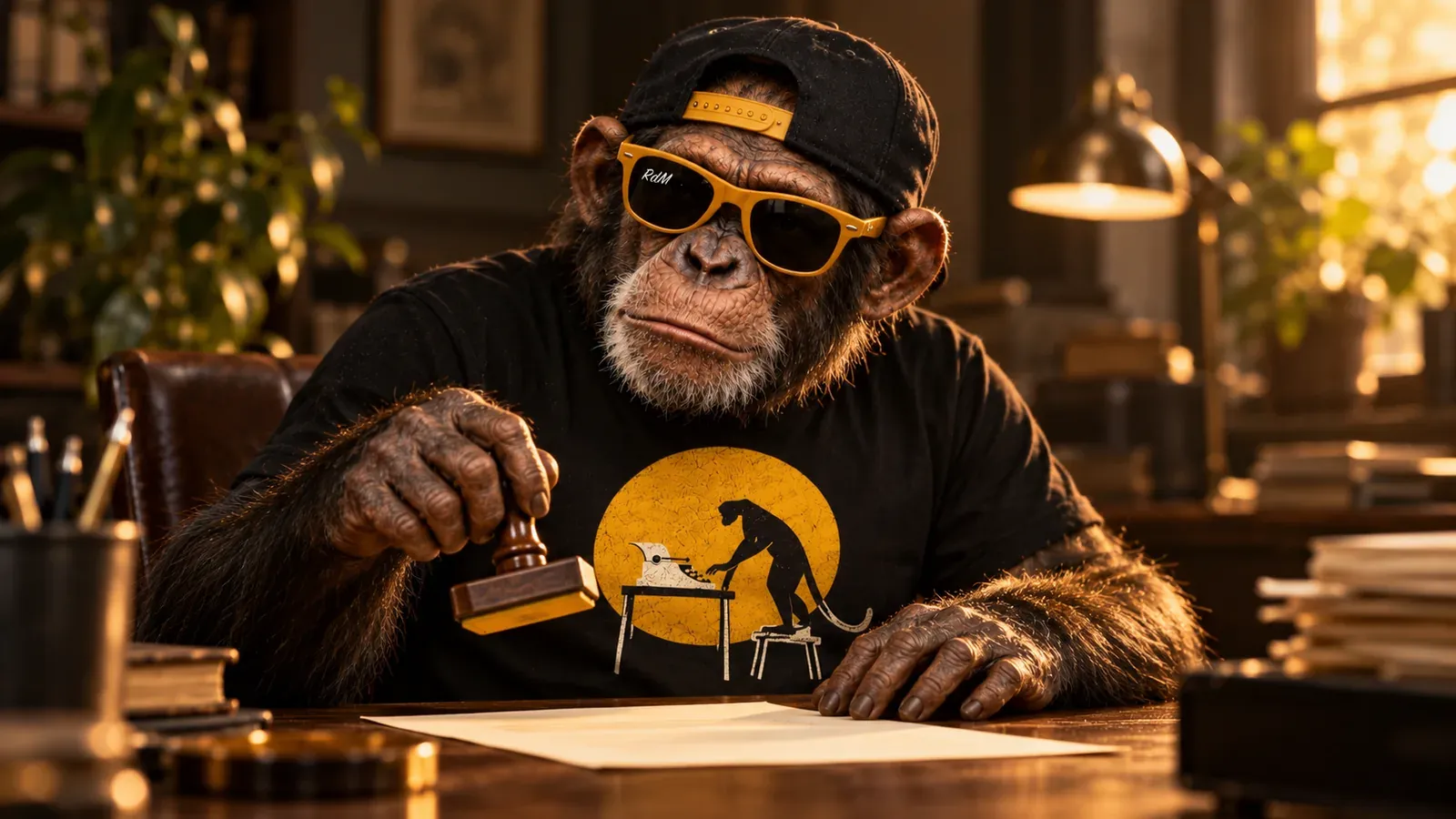 Un chimpancé con lentes ámbar sostiene un timbre sobre un documento, a punto de sellarlo.