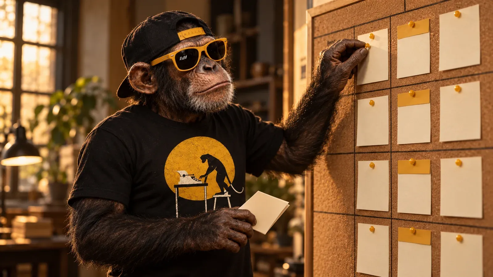 Un chimpancé clava tarjetas en un tablero de corcho ordenado como un calendario semanal.