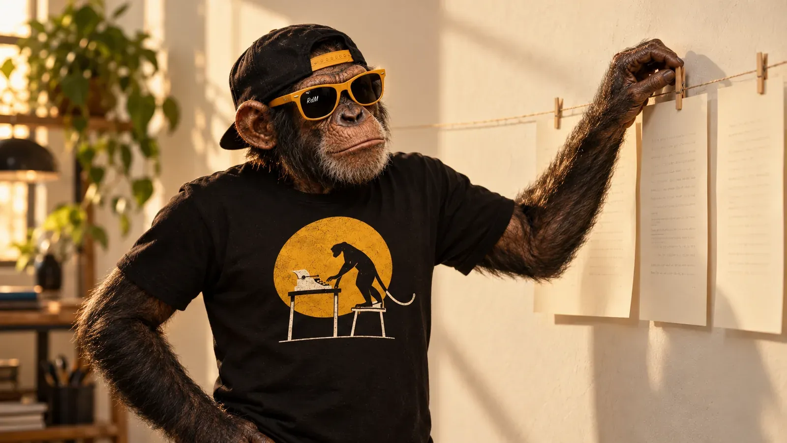 Un chimpancé cuelga con pinzas tres hojas escritas a máquina en un cordel.