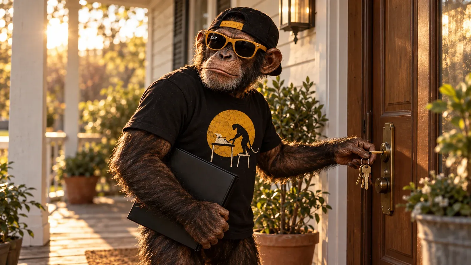 Un chimpancé con una carpeta bajo el brazo gira la llave en la puerta de su casa.