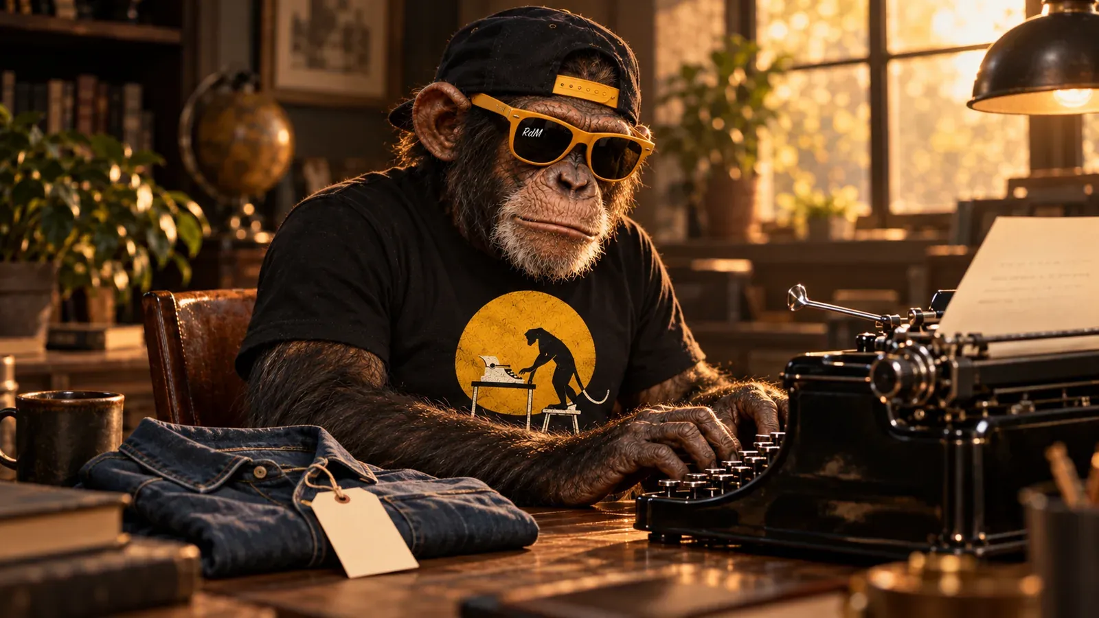Un chimpancé escribe a máquina junto a una camisa de mezclilla doblada con una etiqueta en blanco.