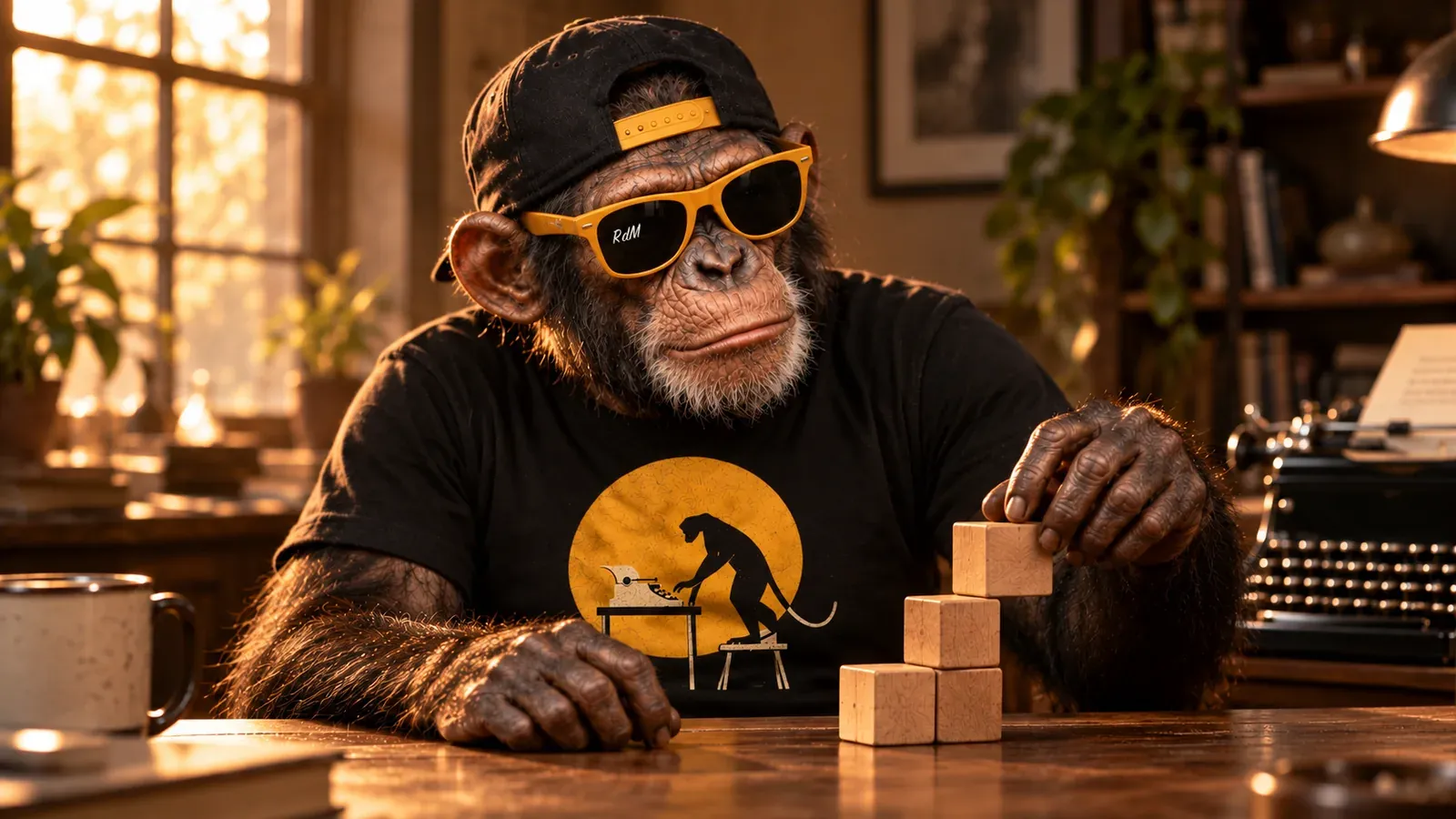Un chimpancé apila bloques de madera en forma de escalera sobre su escritorio.